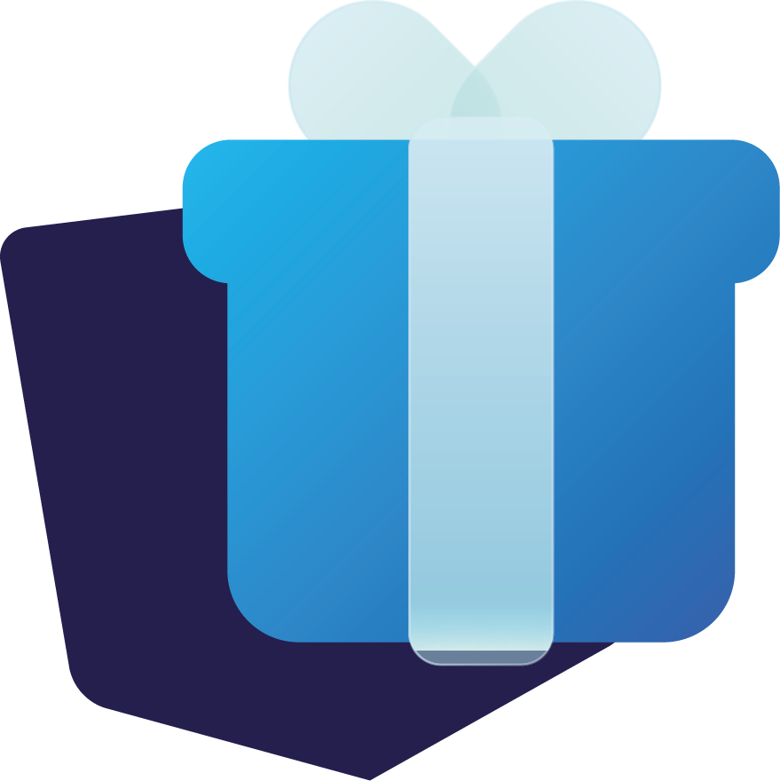 Blue Illustration of a Gift Next to a Dark Blue Shield.